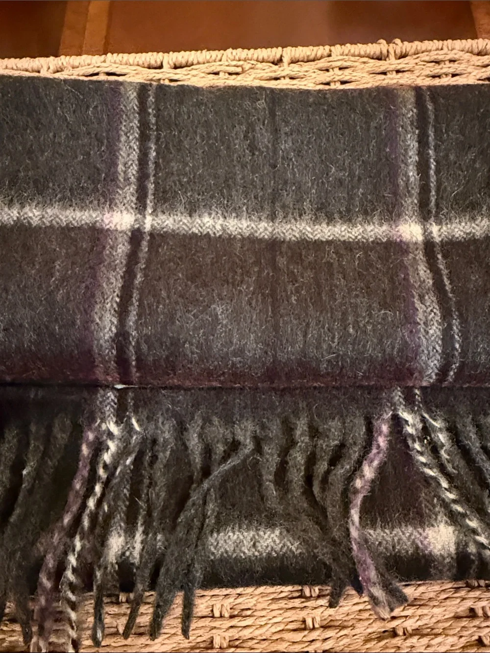 Joseph Abboud Black Plaid Cashmere Scarf with Purple Accents